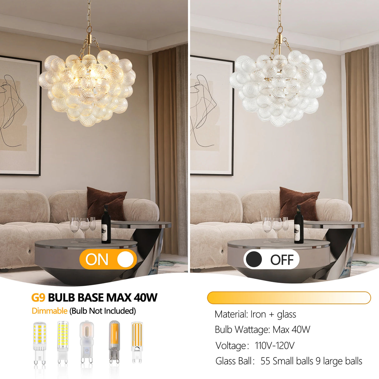20-Inch Gold Pendant Light Chandelier with Threaded Clear Glass Globe Shade Adjustable Height (No Bulbs)