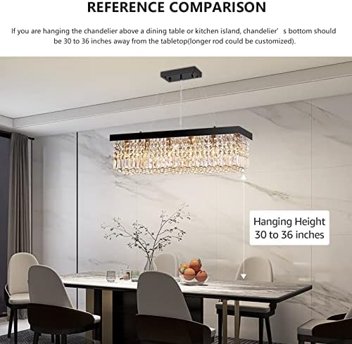 Rectangular Crystal Chandelier Industrial Rectangle Led Pendant Light Fixture for Kitchen Island Dining Room Black L 33.5" x