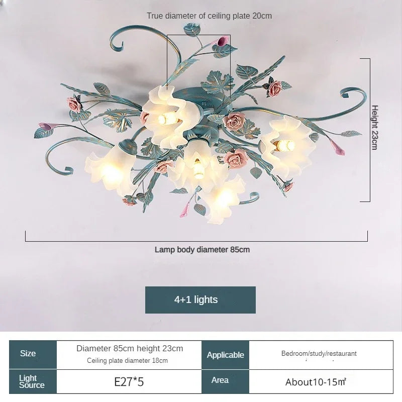 Romantic Rose Flower Ceiling Lamp Pastoral Style Glass Flower Ceiling Chandelier For Bedroom Living Room Art Attic LED Lighting