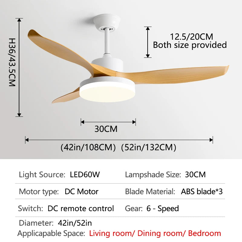 52Inch 3 ABS Blade DC 35W Pure Copper Motor Ceiling Fan With 60W LED Light Support Remote Control Strong winds Electric fans