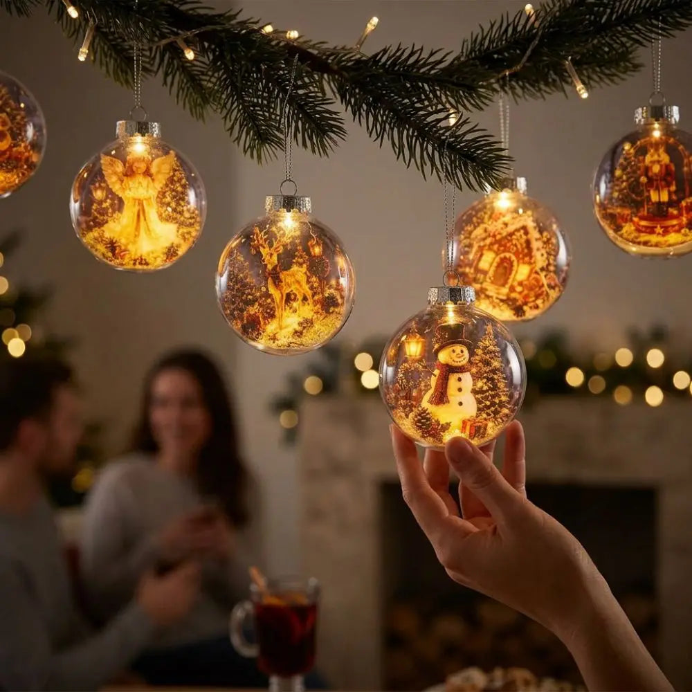 Transparent Lighted Christmas Ball Ornament Plastic Acrylic Santa Snowman Deer Pendant Cartoon Style Exquisite