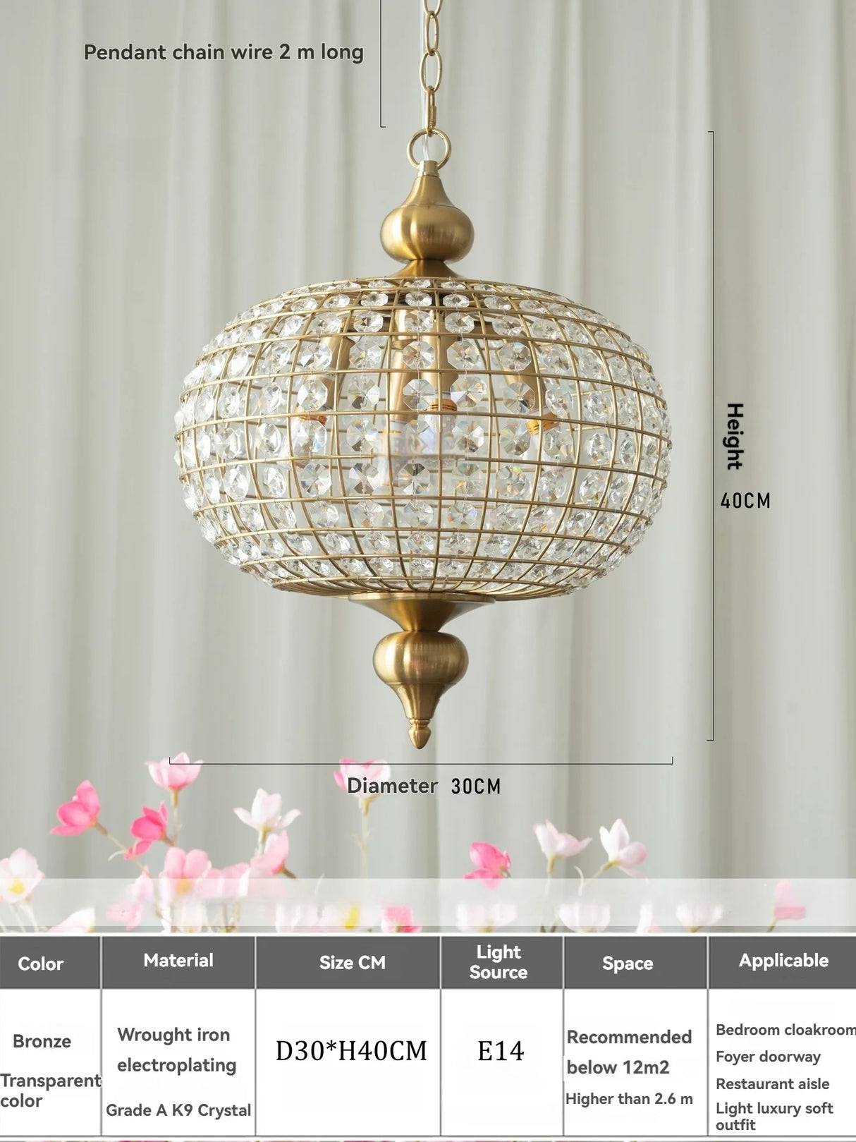 Vintage K9 Crystal Pendant Lights for Living Room Bedroom American Copper Crystal Ceiling Chandelier for Dining Room Kitchen Bar