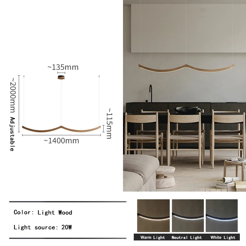 2026 Wood Arch Modern Long Pendant Light - Minimalist LED Dining Table Chandelier