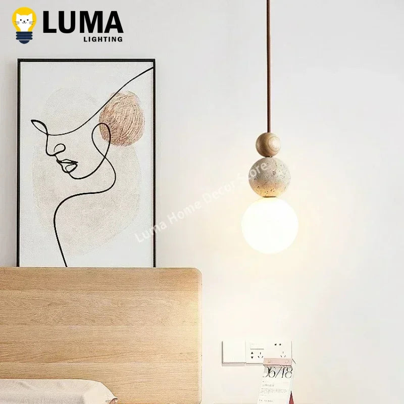 Yellow Travertine Pendant Light - Modern Cream Style Stone & Wood Hanging Lamp
