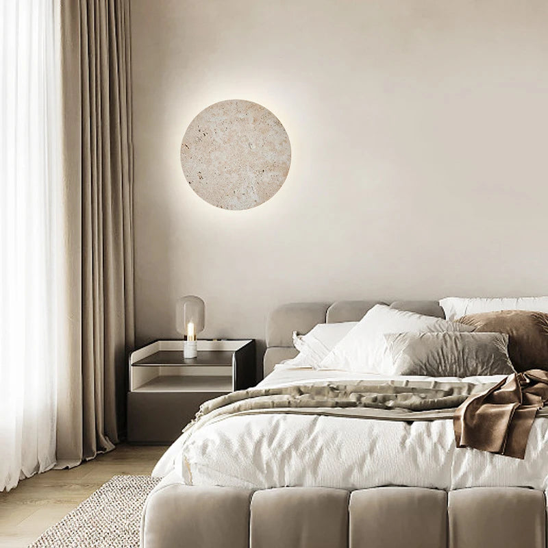 Wabi-Sabi Japanese Style Bedroom Bedside Wall Lamp Retro Homestay Corridor Aisle Porch Round Yellow Travertine Led Lighting