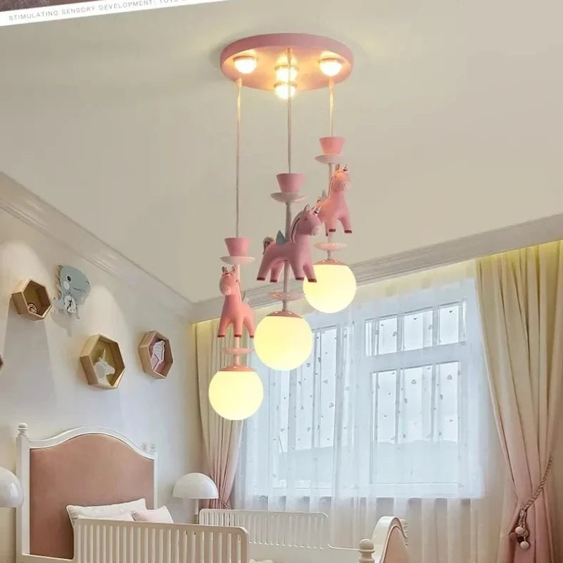 Children's Room Bedroom Pendant Light Eye Protection Cartoon LED Carousel Creative Pink Decoration Room Pendant Light