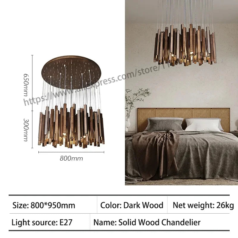 Retro Wooden Hanging Chandelier Light Dining Table Solid Wood Led Pendant Lamp Living Room Kitchen Chandelier Lighting Fixture