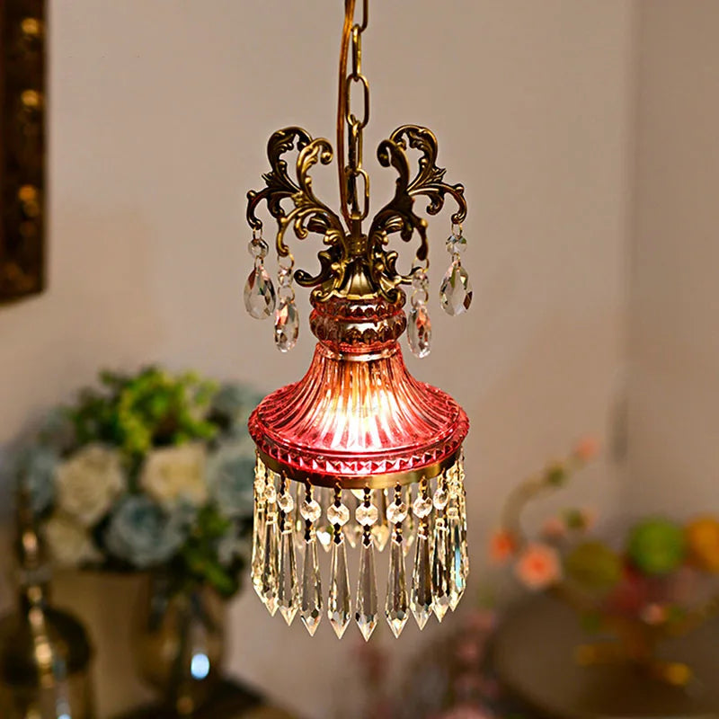 French Crystal Small Chandelier Retro Luxury Bedroom Bedside Hanging Rope Porch Aisle Corridor Balcony Copper Pendant Lighting