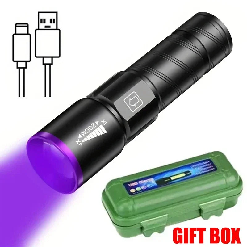 395NM UV Flashlight Rechargeable Ultraviolet Torch Pet Urine Scorpion Detector UV Lamp Anti-counterfeiting Bill Seal Detector