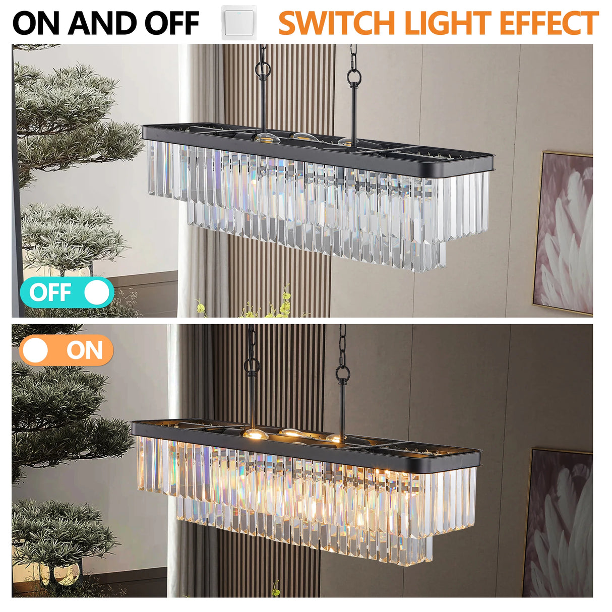 33.5 Inch ceiling lamp,Rectangular Black Crystal Chandelier Adjustable,E12 Modern Industrial Crystal Lights (Bulb Not Included)
