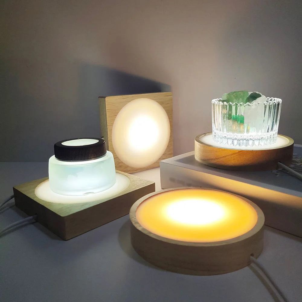 USB Plug Wooden Led Lamp Holder Round Display Stand Lamp Holder Crystal Art Ornament Luminous Base Ambient Lamp Night Light