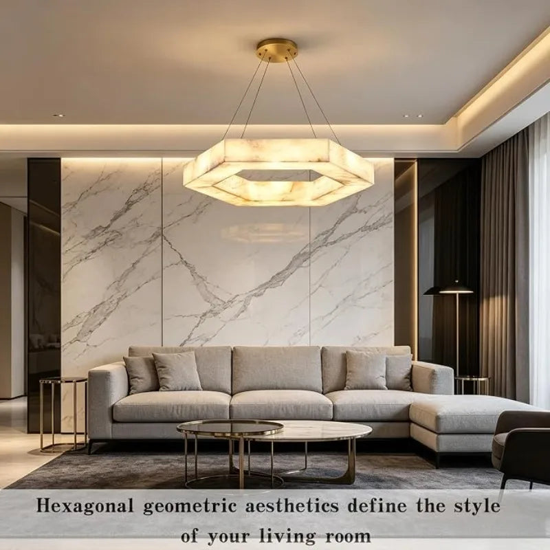 Artificial Marble Pendant Light (Imitation Alabaster) - Modern LED Ceiling Hanging Lamp Fixture for Living Room, Dining Room, Hotel & Villa Decor
