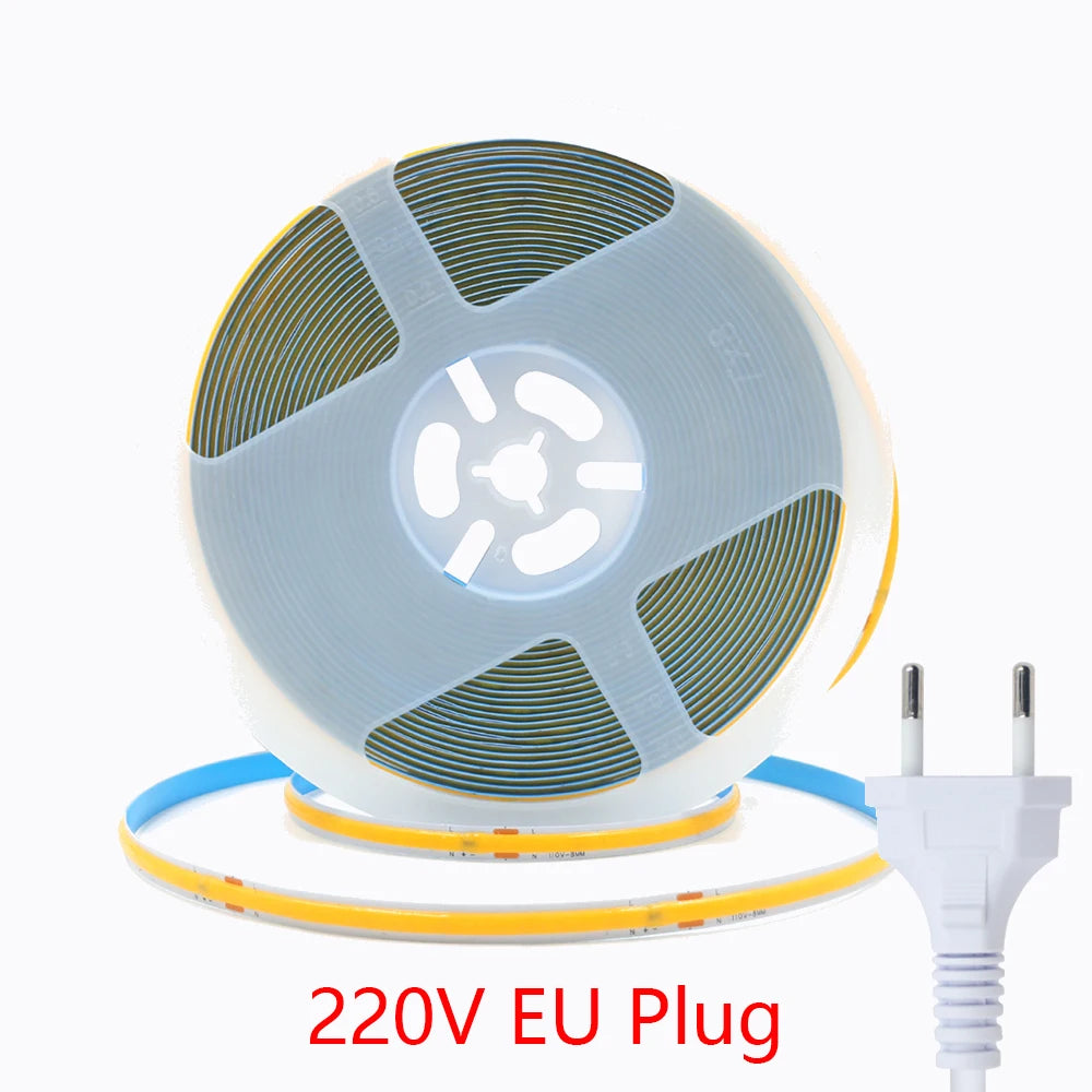 5M 10M 15M 20M 110V 220V COB LED Strip Light Super Bright 240LEDs/M 2PIN Wire Tape Flex Ribbon EU US Plug Room Lighting 8MM PCB
