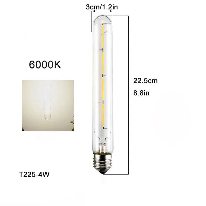 Vintage Tubular LED Filament Light Bulb - T10 T30 Long Tube 4W 6W 8W Edison Lamp