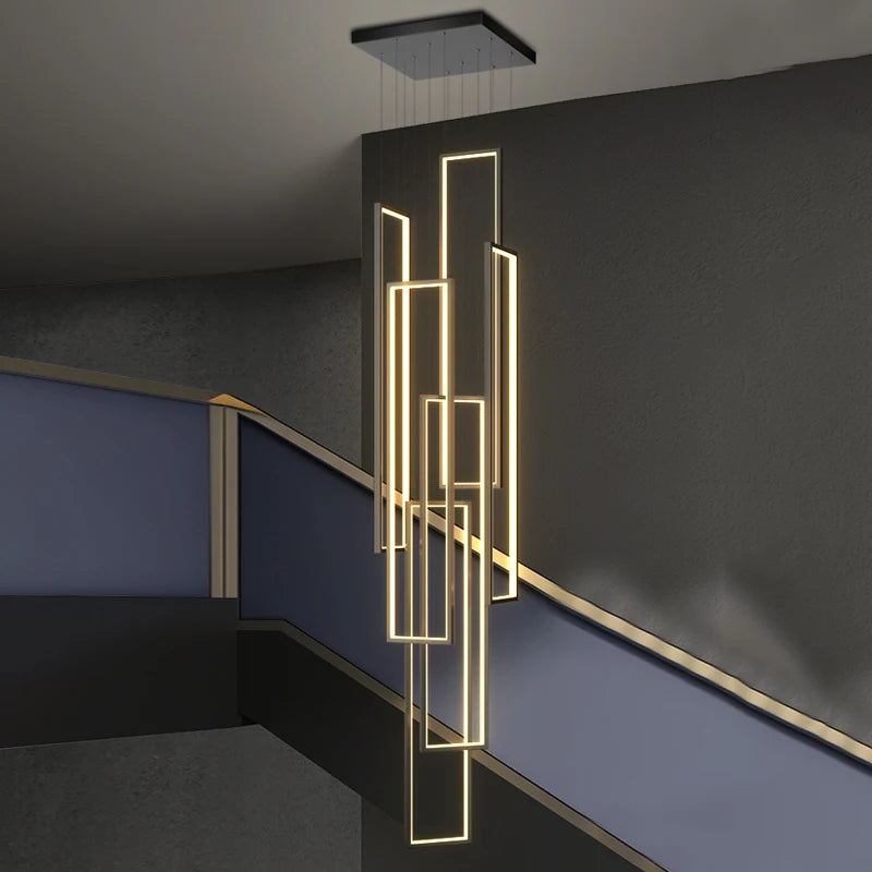 Large Modern Chandelier For Staircase Led Home Decors Hanging Lamp Black /Gold Indoor Lighting Luxury Creative Rectangle Lustre