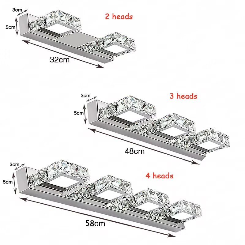 Square LED Mirror Light Bathroom Cosmetic room Round Crystal Wall Lamps 2-4head Stainless Steel indoor Lighting fixture