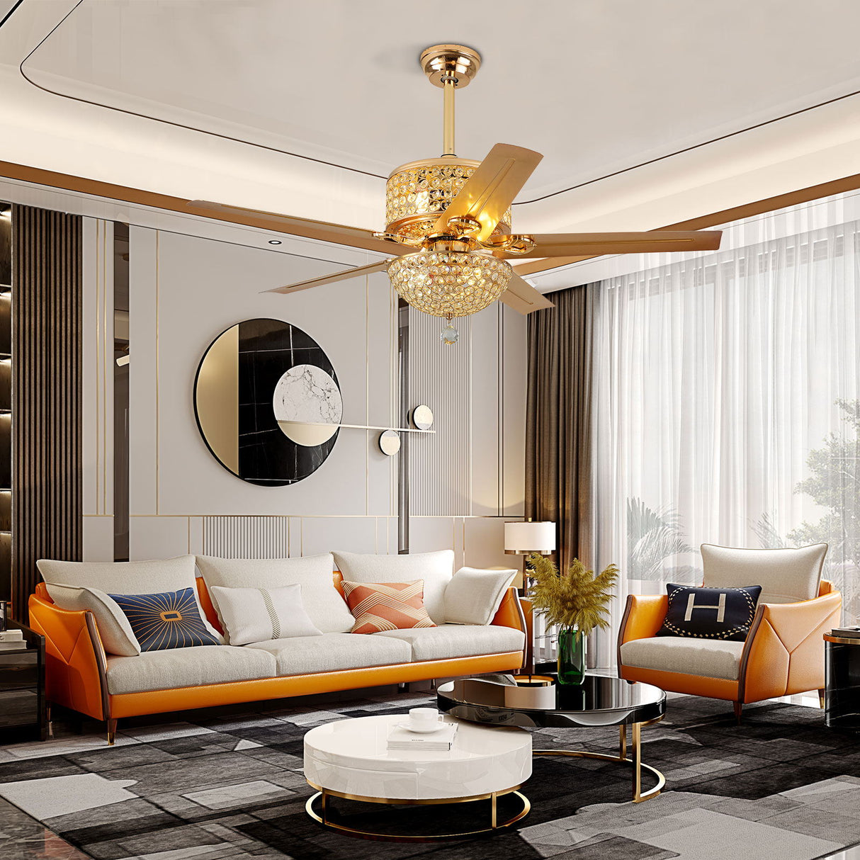 Crystal Ceiling Fan Light with Remote Control Reversible Wooden Blades Fan Chandelier for Living Room