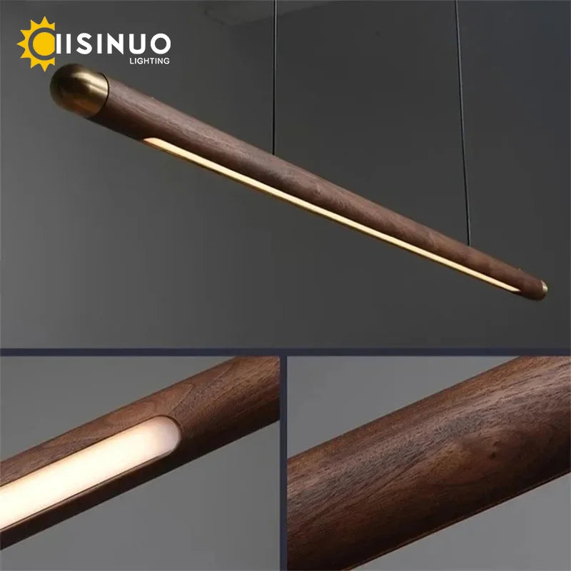 Minimalist Black Walnut Hanging Pendant Light Solid Wood Dining Lamp LED Long Strip Indoor Lighting for Living Room Kitchen Deco