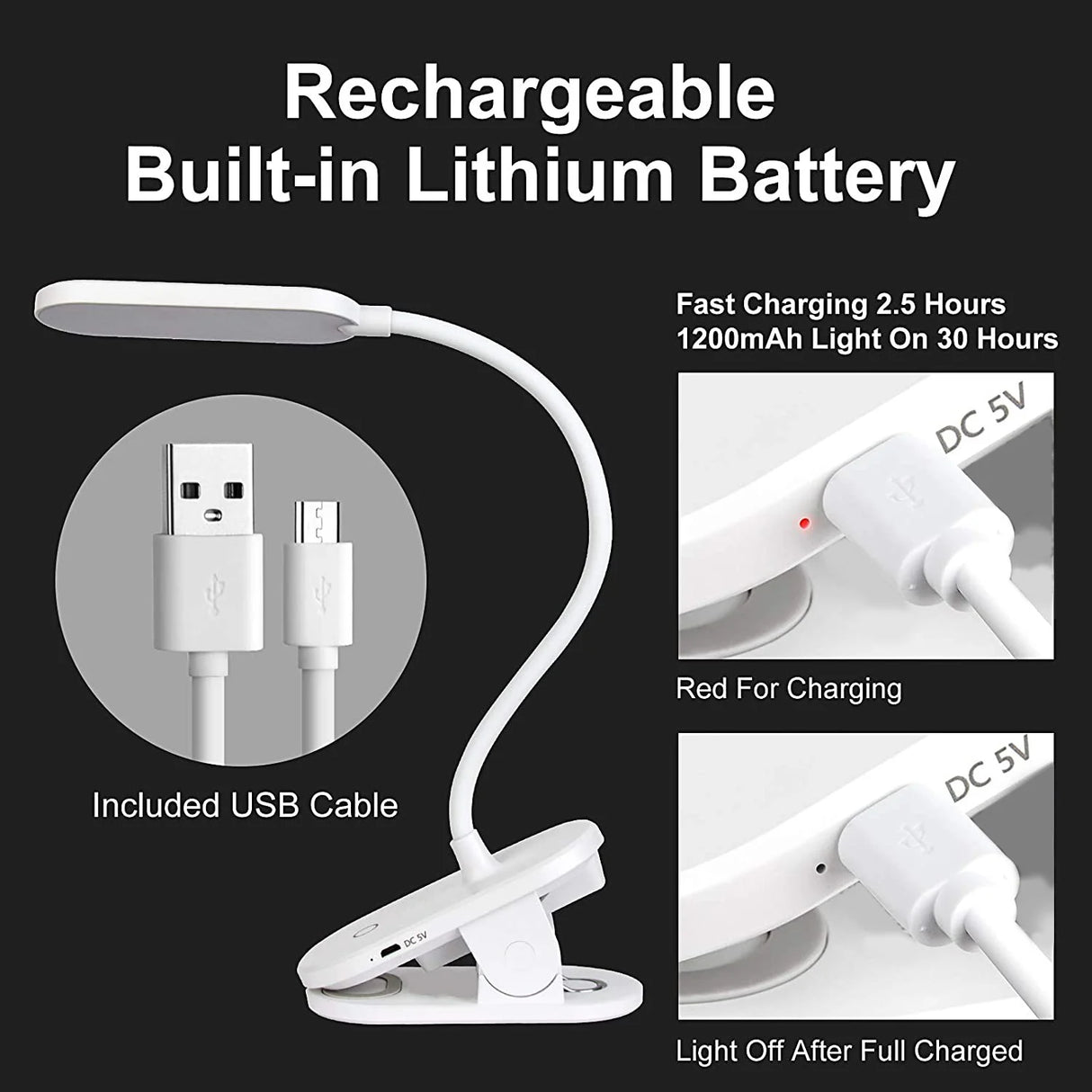 Rechargeable Book Light, Contact Control Adjustable Brightness Eye Protection Reading Light, LED Clip on Light