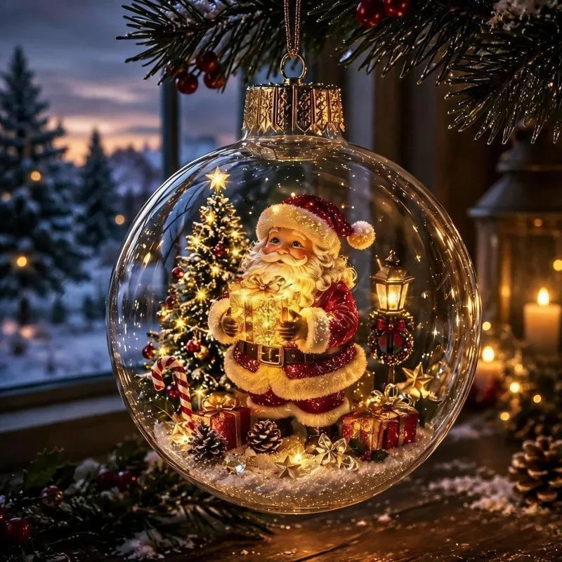 8CM Acrylic Material Christmas Ball Ornament with Light Size Hanging Christmas Decor Transparent Design Santa Claus Pendant