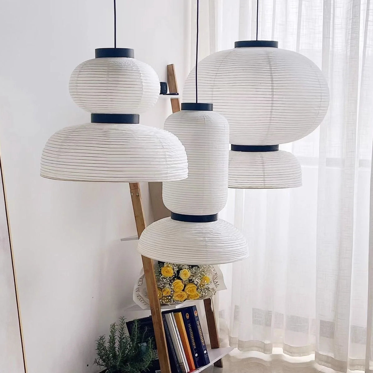 Japanese Wabi-Sabi Rice Paper LED Pendant Light - Organic White Paper Lantern Chandelier Fixture for Living Room Ceiling Decor