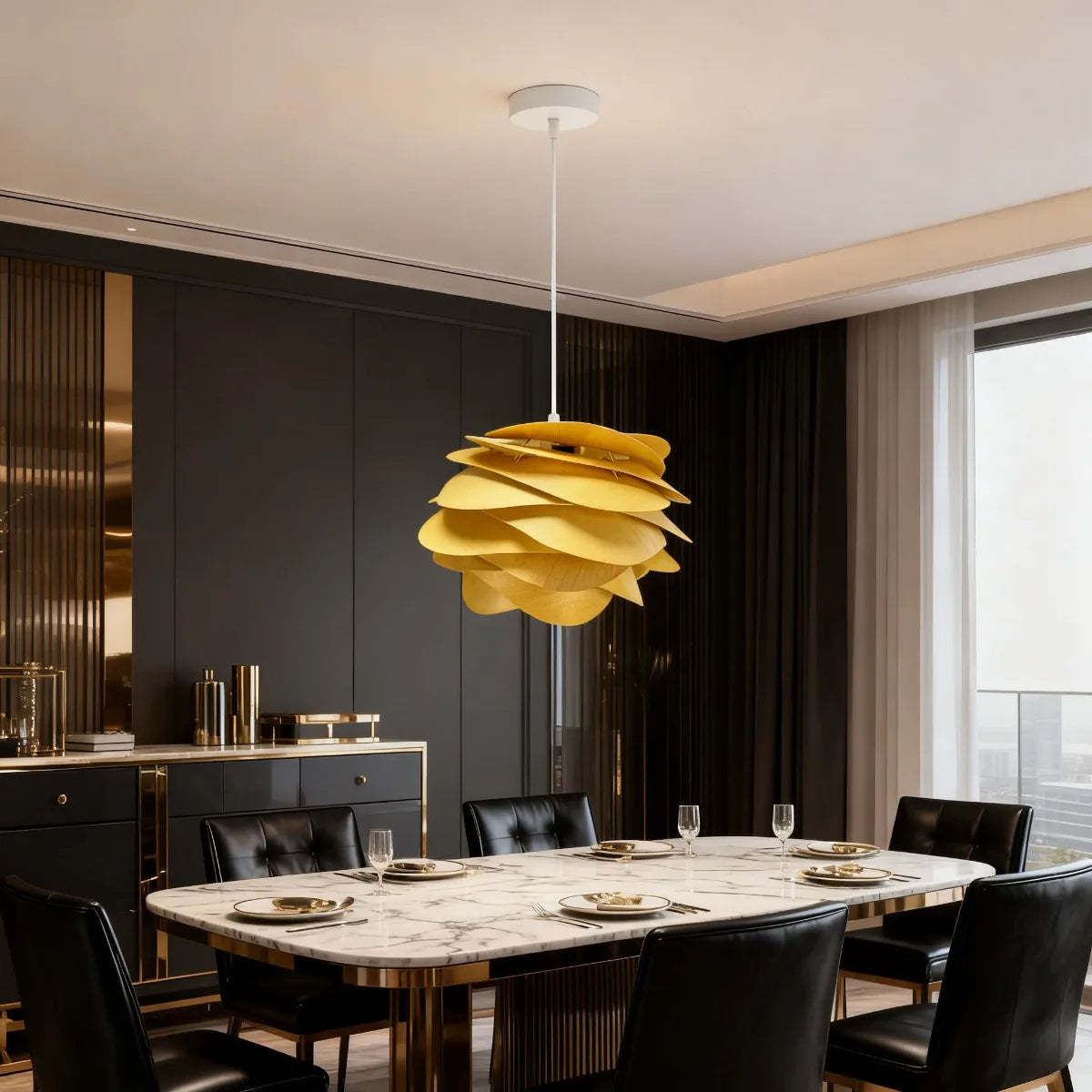 Modern Wood Petal Pendant Lamp, E27 Wooden Rose Chandelier for Kitchen Island Bedroom Living Room Ceiling Light Fixture