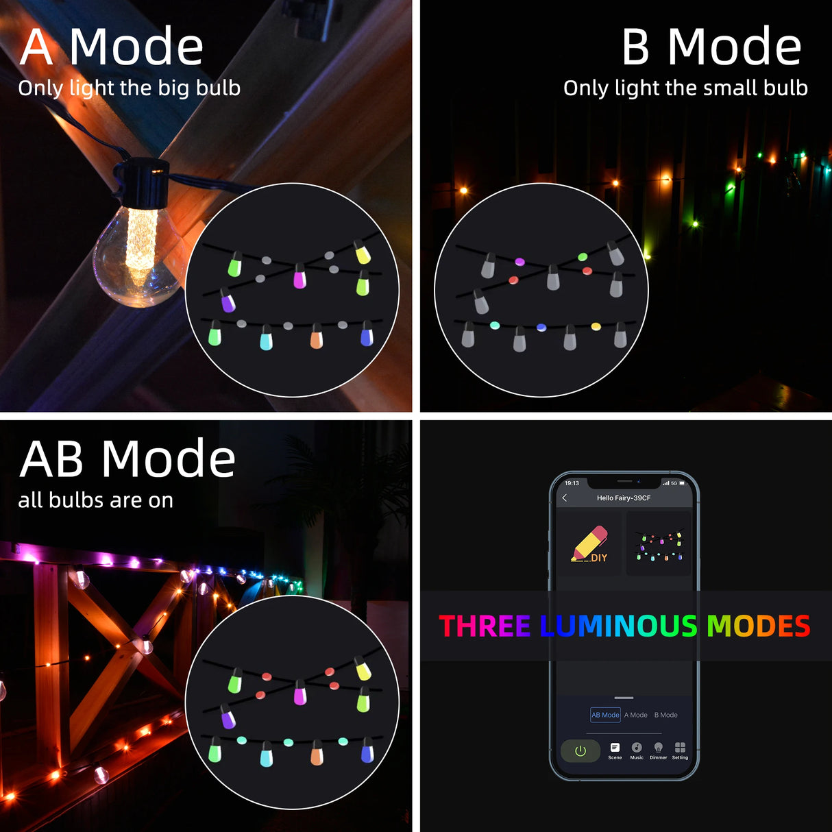 50Ft RGBW Smart String Lights with Rope Fairy APP Remote Control Dimmable G40 Patio Lights Outdoor Christmas Tree Garden Decors