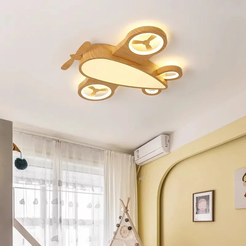 Children's Room Airplane Ceiling Lights Log Color LED Helicopter Light Nordic Modern Lamp Warm Youth Room Bedroom Chandelier