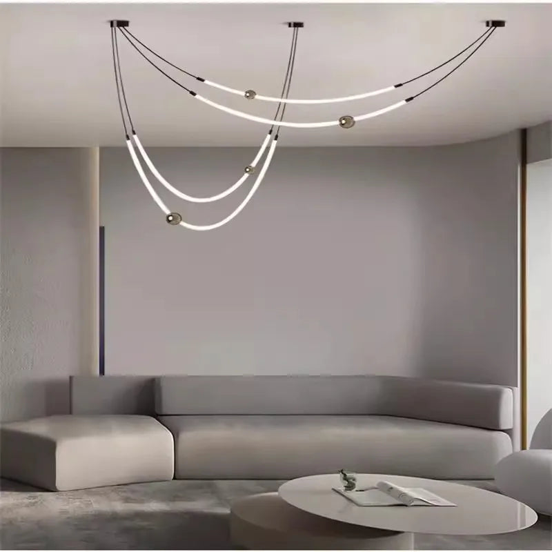 Nordic restaurant living room pendant light with long lines artistic creative designer exhibition hall curved LED chandelier
