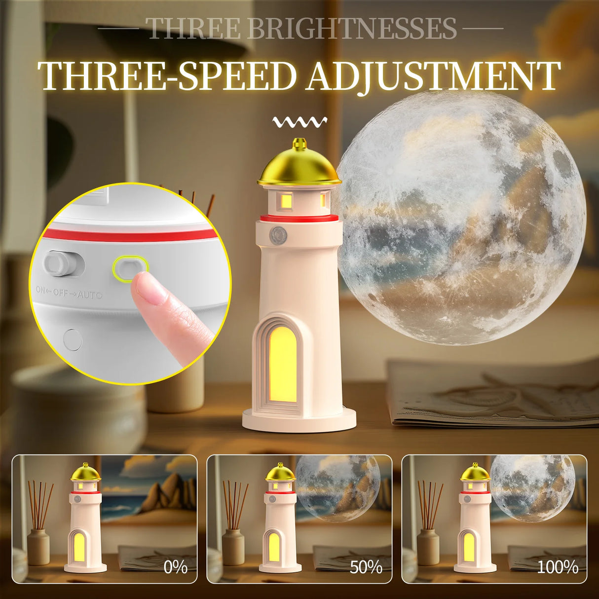 Lighthouse Lamp, Projection Lighthouse Lamp, Rechargeable LED Lighthouse, Moon Projection Lighthouse Lamp with Wireless Portable