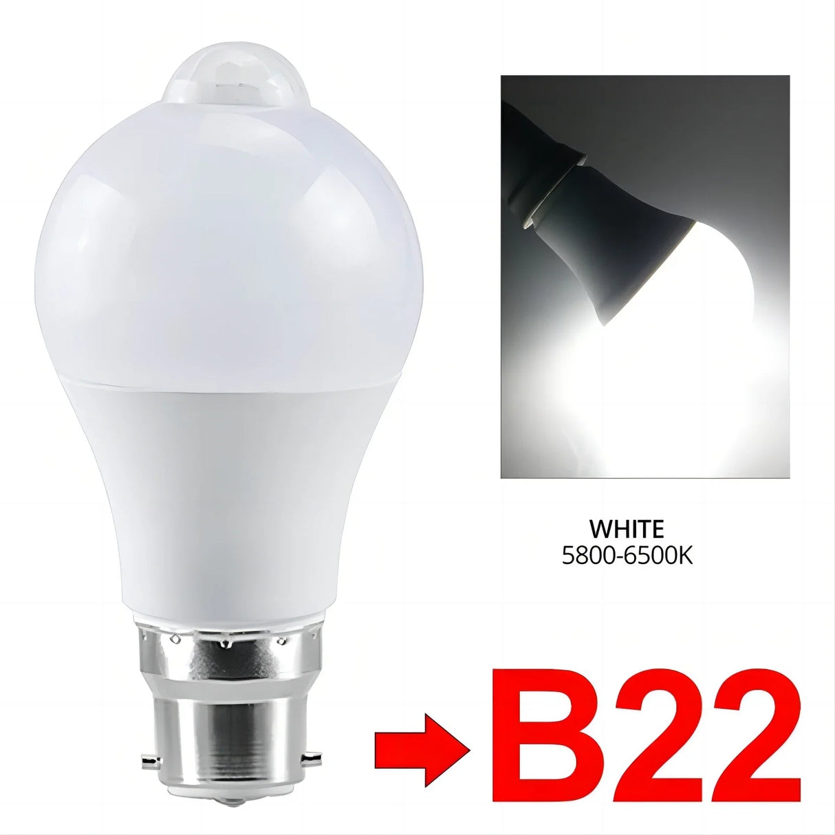 85-265V Led Light Bulb with PIR Motion Sensor E27 E26 B22 12W White Lamp Smart Bulb for Porch Garage Stairs Hallway Dusk to Dawn