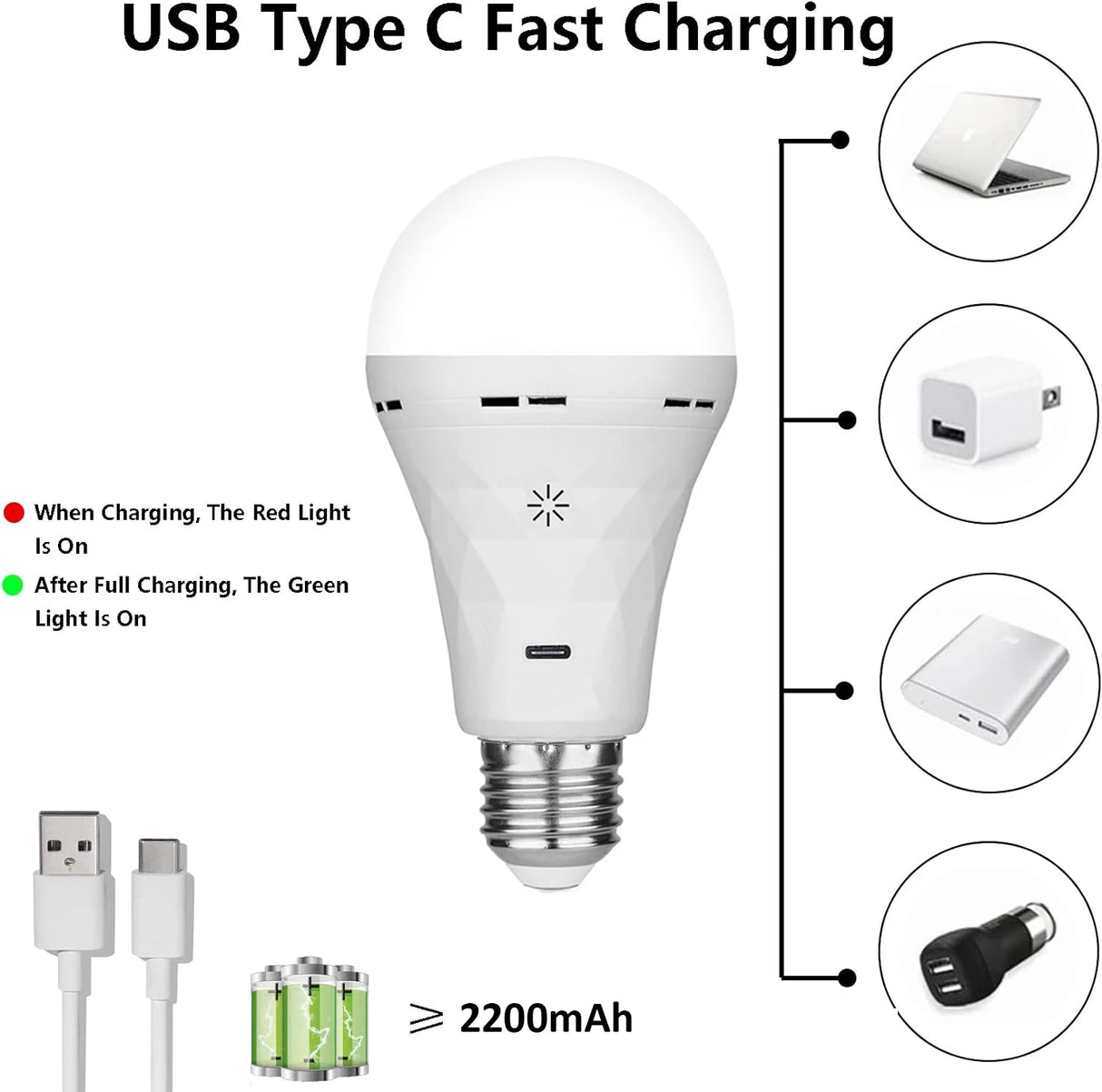 USB led bulb E27 Rechargeable Light Bulbs, Emergency Lightbulbs Warm with Timer Dimmable for Wall Wireless Sconce,(2pake)