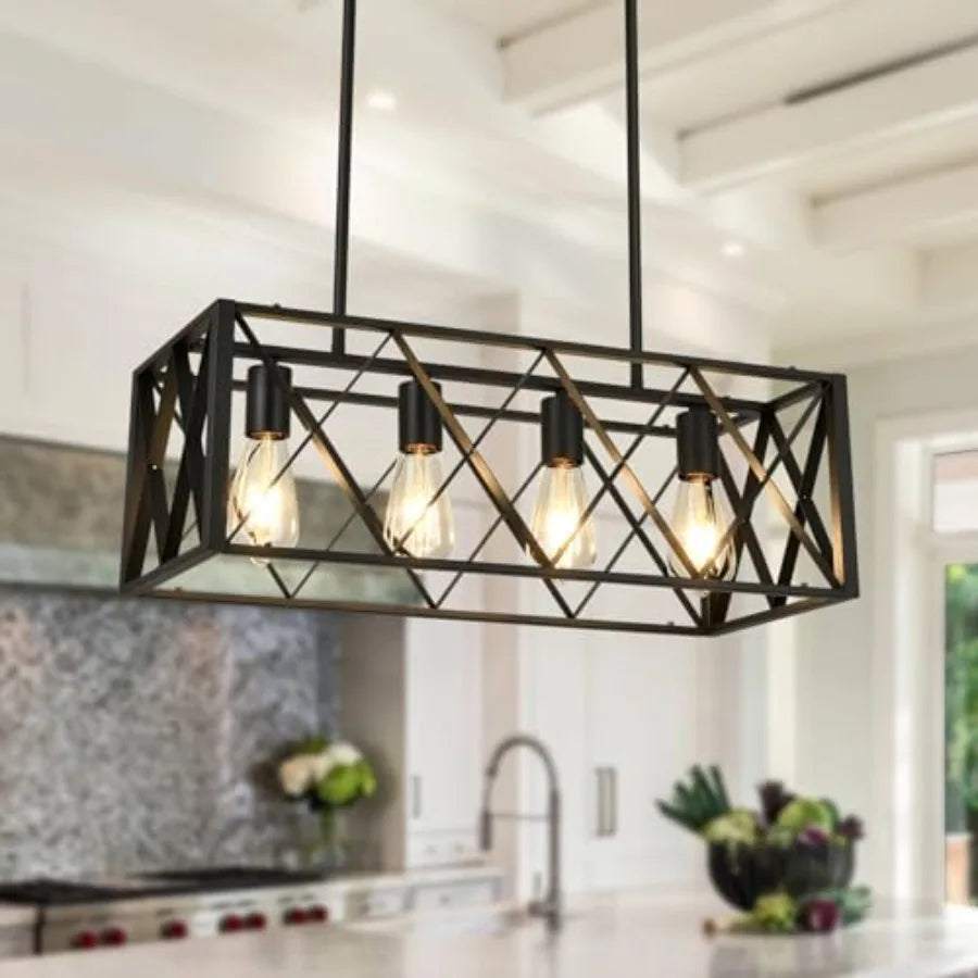 Black Farmhouse Chandeliers for Dining Room Light Fixture Rectangle Kitchen Island Pendant Lighting 4-Light Metal Industrial Li