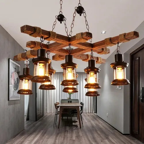 8-Light Rustic Country Chandelier Wood Pendant Lamp Industrial Ceiling Light Adjustable Height Vintage Style for Home Cafe Bar