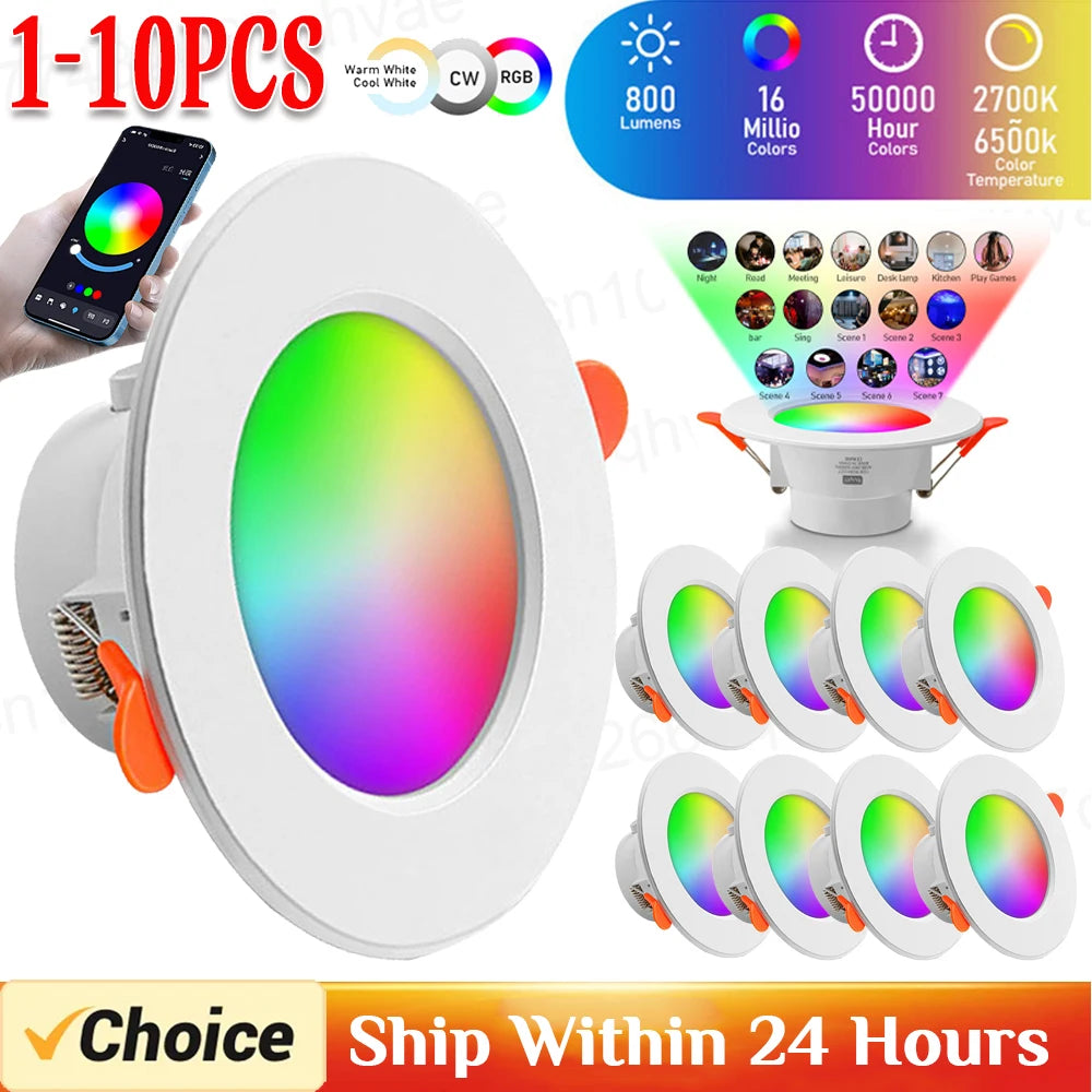 1-10 Pack Smart RGB LED Recessed Downlight (10W Dimmable, Warm to Cool White) - Round Color-Changing Ceiling Spot Light Panel Lamp for Bedroom & Living Room Decor