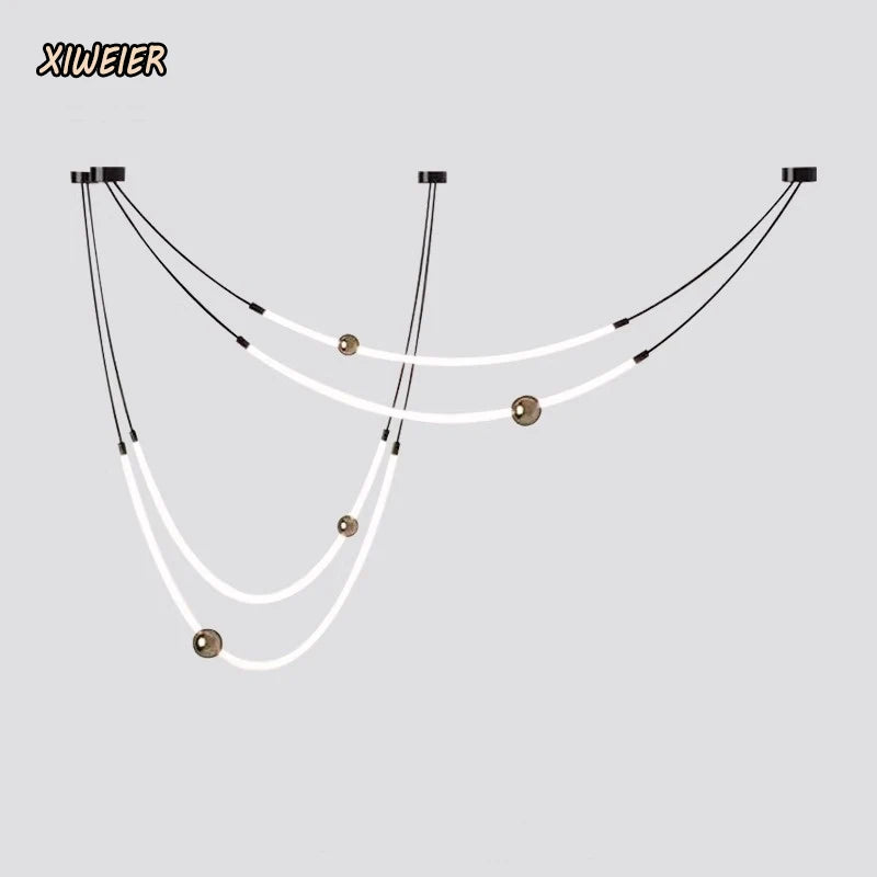 Nordic restaurant living room pendant light with long lines artistic creative designer exhibition hall curved LED chandelier