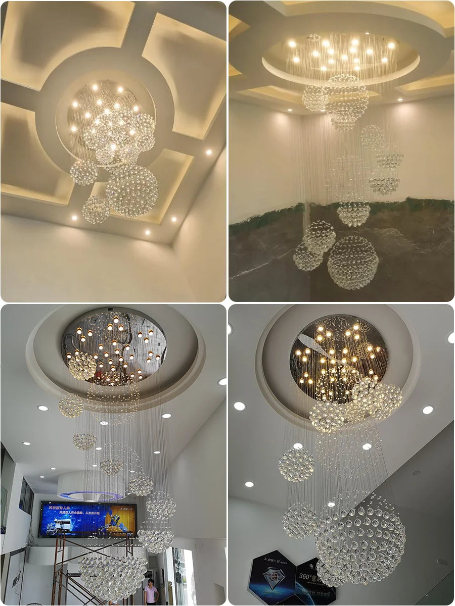 Modern LED Crystal Ball Chandeliers For Staircase Living Room Spiral Pendant Hanging Light Hall Villa Lobby Lamp Lustre Fixtures