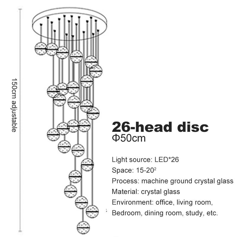 LED Villa Staircase Pendant Lights Long Cable Hanging crystal glass ball droplight for Restaurant Bar Indoor Decorative