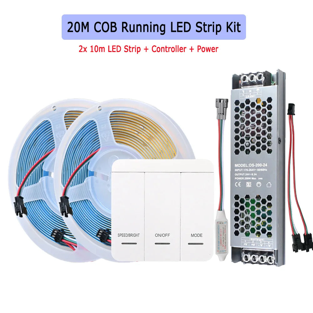 10M 20M COB Running Water Flowing LED Strip 24V Horse Racing Light Dimmable Flexible Linear Lamp RF Wall Panel Remote Control