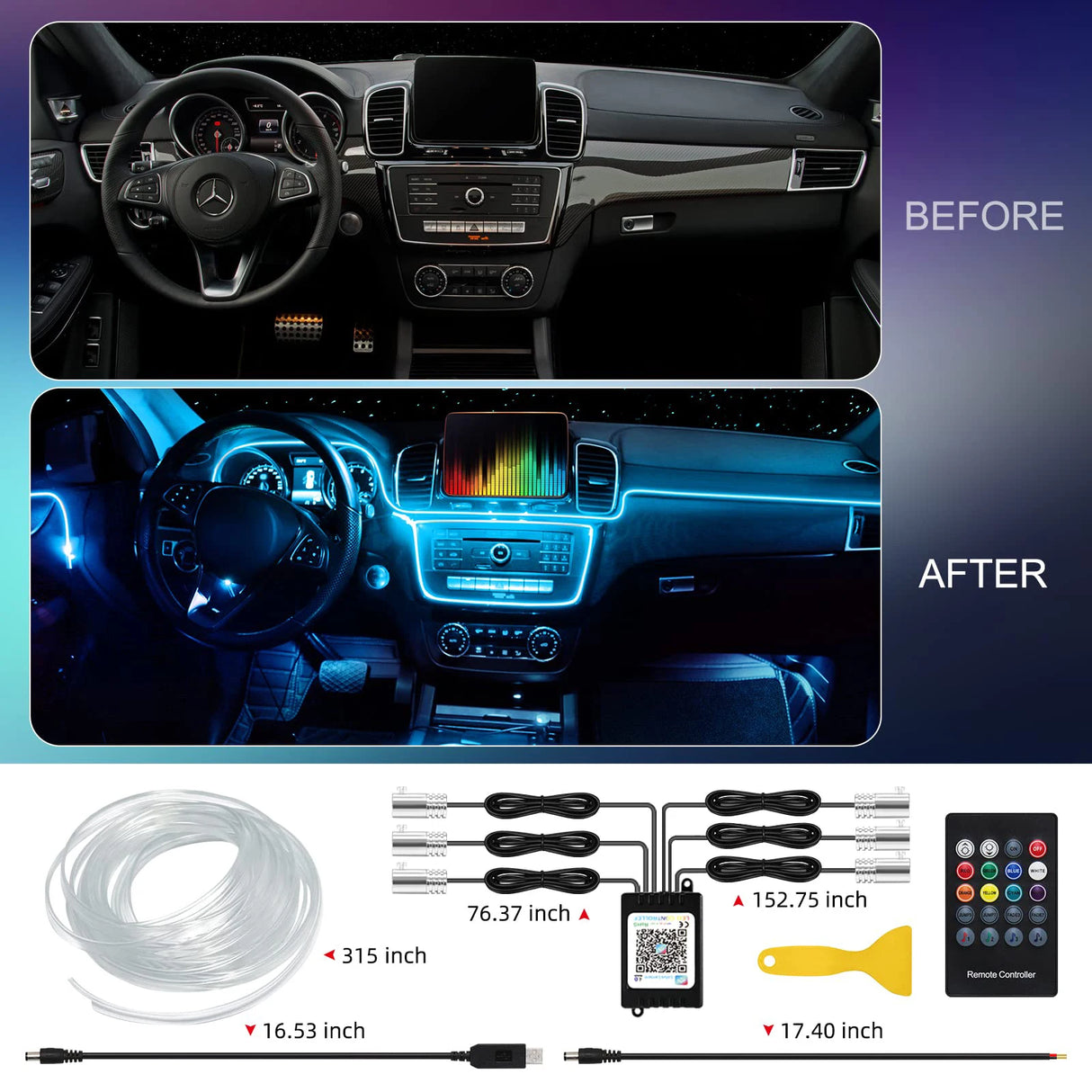 Fiber Optic LED Car Ambient Lighting - RGB Neon Interior Atmosphere Kit