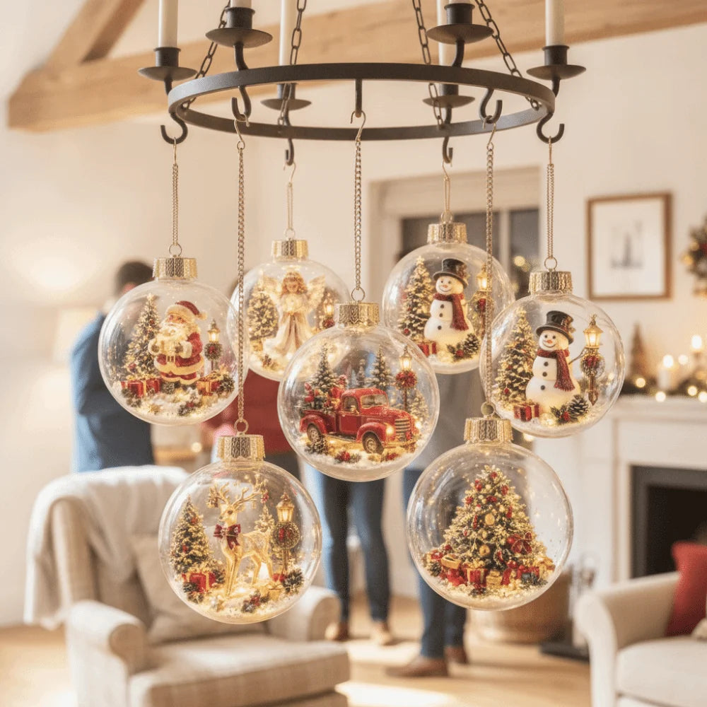 Clear Round Shape Christmas Ball Ornament Warm Light Built In Light Christmas Bauble Miniature Scene Hanging Loop Story Ornament