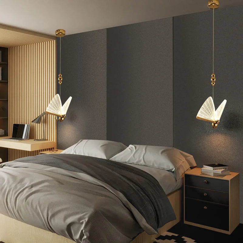 Luxury Home Decor Butterfly Chandelier Nordic LED Bedroom Single Pendant Light Modern Iron Body Acrylic Lampshade Hanging Lustre