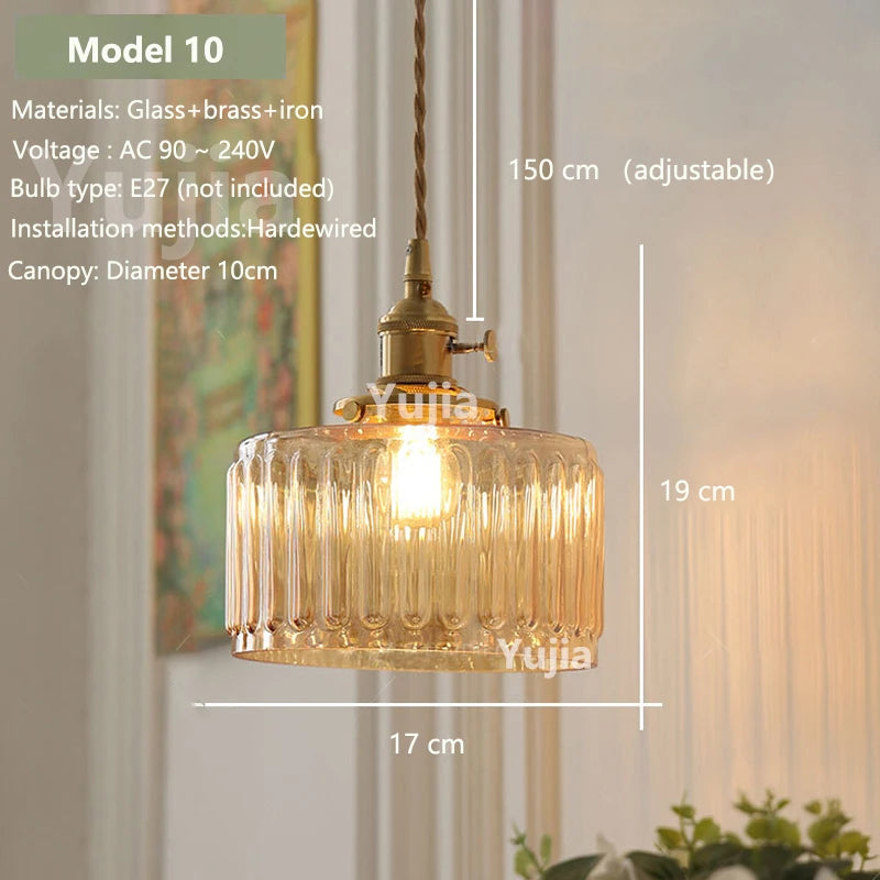 Vintage Amber Glass Pendant Light - Retro Brass Adjustable Hanging Hanging Lamp