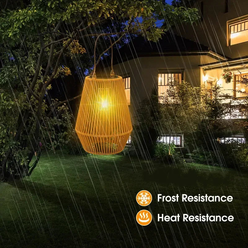 Outdoor Solar Boho Rattan Hanging Lantern Waterproof LED Wicker Lamp for Garden Patio Yard Summer Evening Balcony Wedding Decor