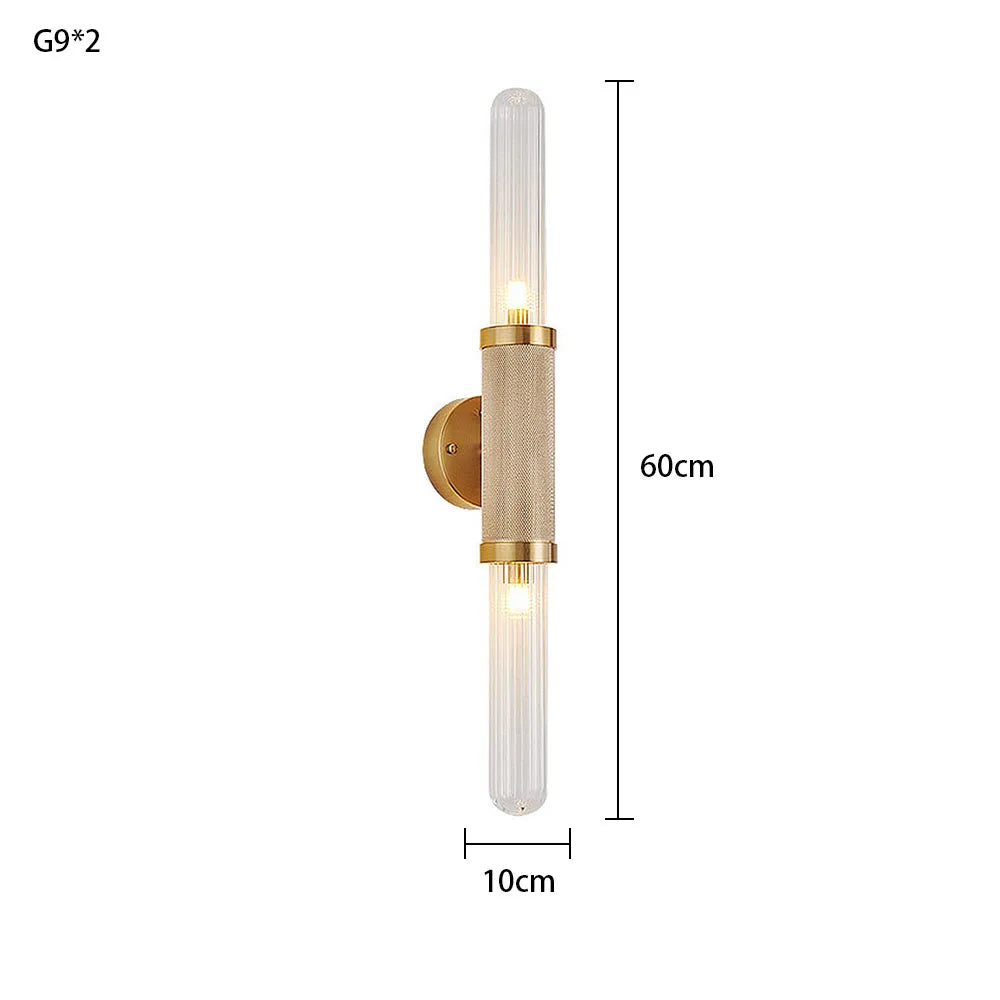 Modern Gold Wall Sconce 2-Light Ribbed Glass Wall Lamp for Bedroom Living Room