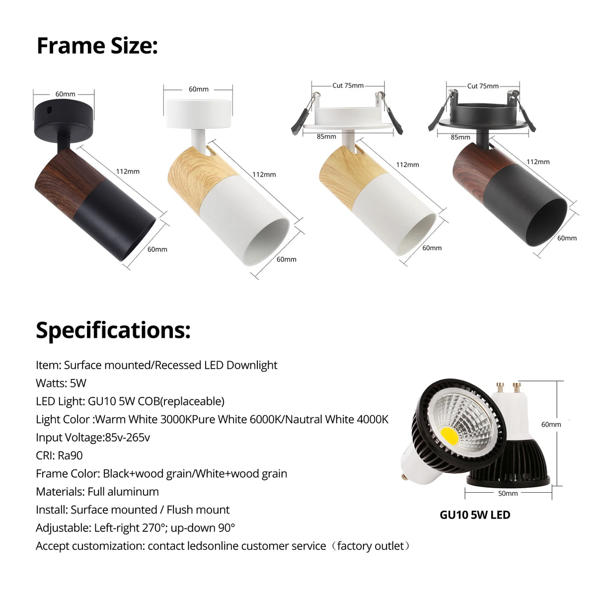 Surface Flush Mounted Ceiling Spot Light fixture Wall Sconce GU10 LED Lamp Replaceable Nordic Wood graine Bedroom Living Decor