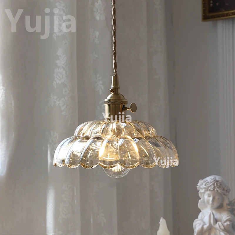 Vintage Amber Glass Pendant Light - Retro Brass Adjustable Hanging Hanging Lamp