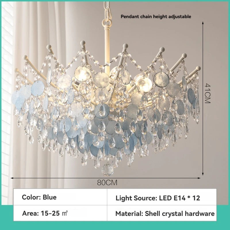 French K9 Crystal Chandelier Luxury Vintage Blue/White Natural Shell Pendant Light for Romantic Villa Living Dining Room Bedroom