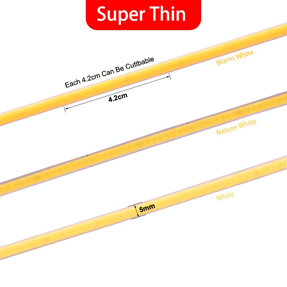 Super Thin 5mm COB LED Strip 384LEDs/m Soft Flexible DC12V/24V Light Bar Warm Cold White for Decor Lighting 3000K 4000K 6000K