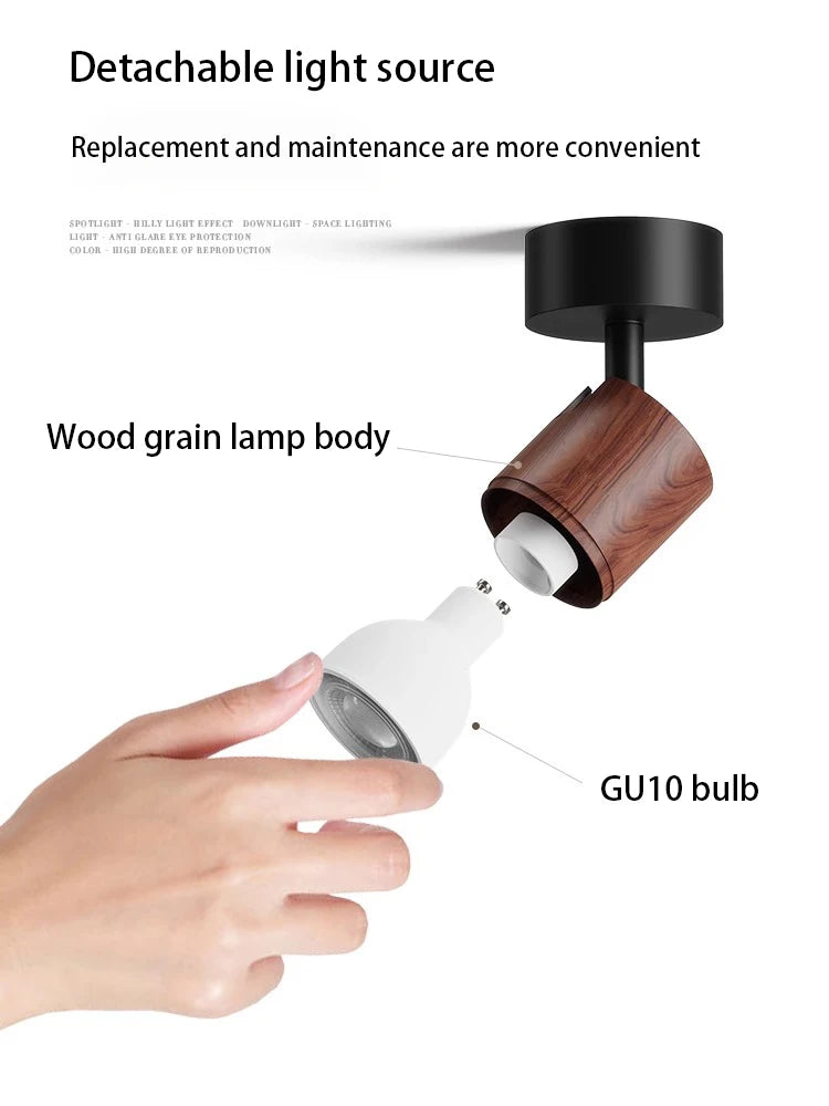 Led Spotlights GU10 Bulb Replaceable Spot Light Walnut Log Wood Color Surface Mounted Ceiling Lamp Adjustable Angle COB 110V 220